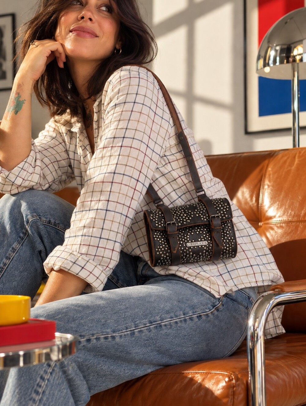Replay Studded Leather Crossbody Bag โ Black & Brown